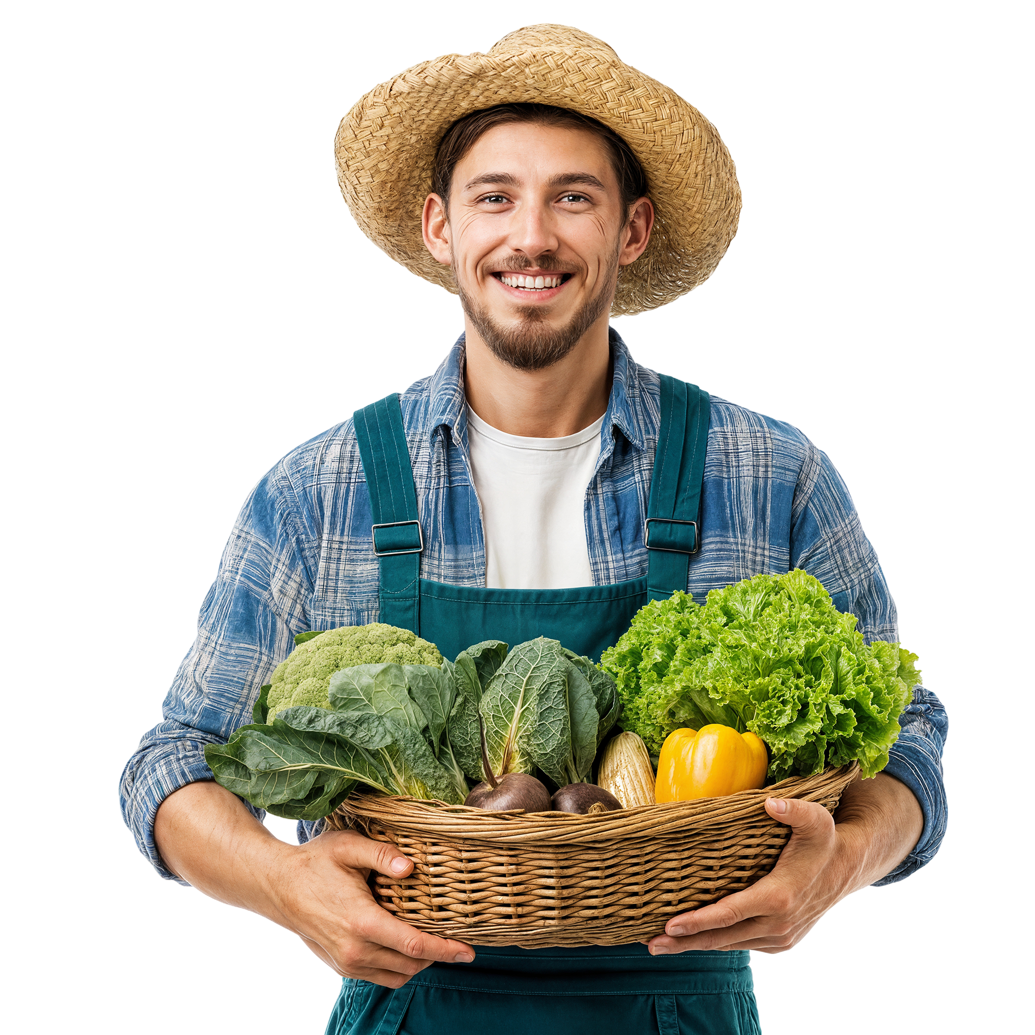 Young farmer holding a basket of vegetables